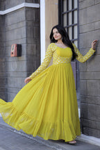 Jyoti Fashion Women's Yellow Faux Blooming Sequins with Zari Embroidered Anarkali Dress | Grocsy