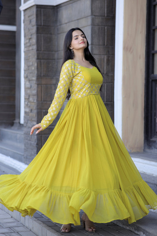 Jyoti Fashion Women's Yellow Faux Blooming Sequins with Zari Embroidered Anarkali Dress | Grocsy