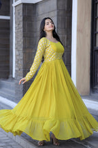 Jyoti Fashion Women's Yellow Faux Blooming Sequins with Zari Embroidered Anarkali Dress | Grocsy