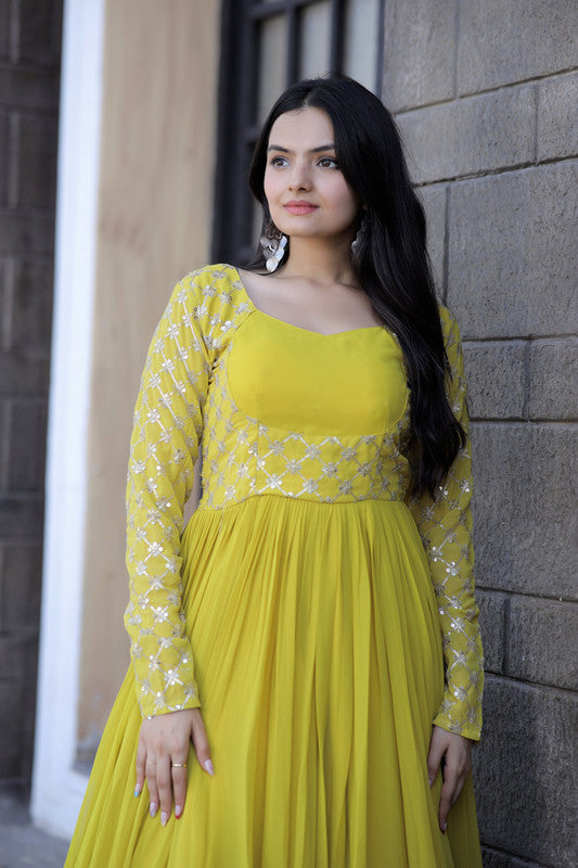 Jyoti Fashion Women's Yellow Faux Blooming Sequins with Zari Embroidered Anarkali Dress | Grocsy