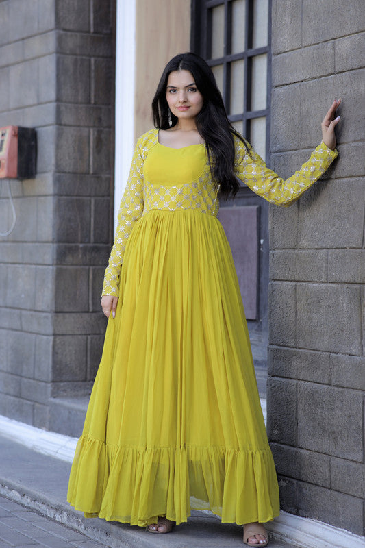 Jyoti Fashion Women's Yellow Faux Blooming Sequins with Zari Embroidered Anarkali Dress | Grocsy