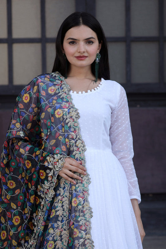 Jyoti Fashion Women's White Georgette Butti work Partywear Anarkali Dress with Dupatta | Grocsy