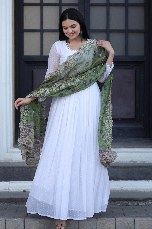 Jyoti Fashion Women's White Georgette Butti work Partywear Anarkali Dress with Dupatta | Grocsy
