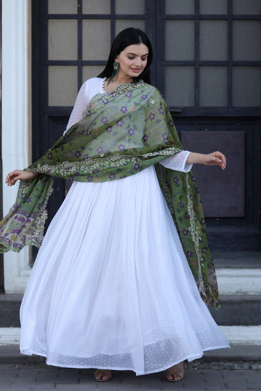 Jyoti Fashion Women's White Georgette Butti work Partywear Anarkali Dress with Dupatta | Grocsy