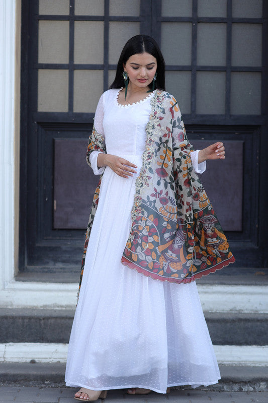 Jyoti Fashion Women's White Georgette Butti work Partywear Anarkali Dress with Dupatta | Grocsy