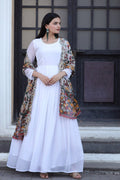 Jyoti Fashion Women's White Georgette Butti work Partywear Anarkali Dress with Dupatta | Grocsy