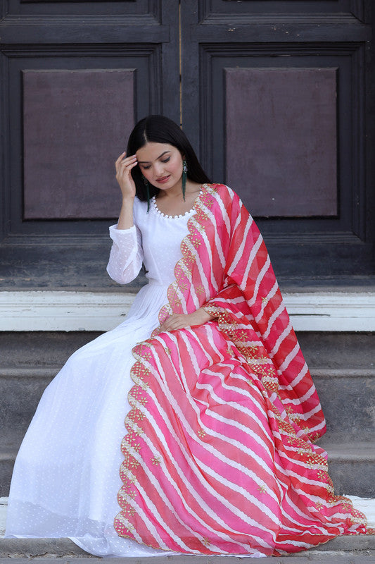 Jyoti Fashion Women's White Georgette Butti work Partywear Anarkali Dress with Dupatta | Grocsy