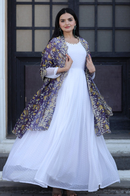 Jyoti Fashion Women's White Georgette Butti work Partywear Anarkali Dress with Dupatta | Grocsy