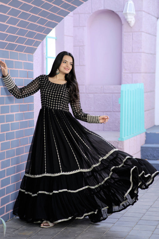 Jyoti Fashion Women's Black Faux Blooming Sequins with Zari Embroidered Anarkali Dress | Grocsy