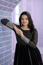 Jyoti Fashion Women's Black Faux Blooming Sequins with Zari Embroidered Anarkali Dress | Grocsy