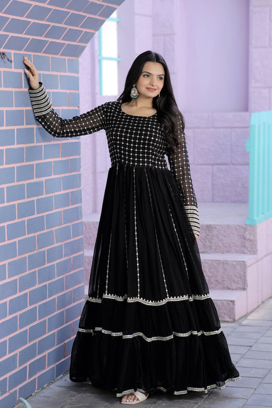 Jyoti Fashion Women's Black Faux Blooming Sequins with Zari Embroidered Anarkali Dress | Grocsy