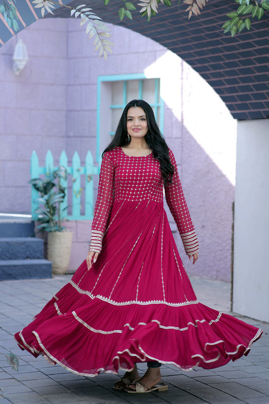 Jyoti Fashion Women's Rani Pink Faux Blooming Sequins with Zari Embroidered Anarkali Dress | Grocsy