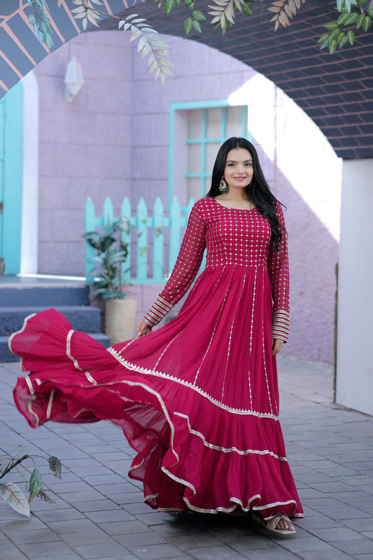 Jyoti Fashion Women's Rani Pink Faux Blooming Sequins with Zari Embroidered Anarkali Dress | Grocsy