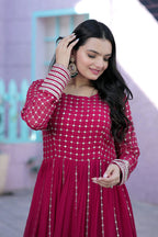 Jyoti Fashion Women's Rani Pink Faux Blooming Sequins with Zari Embroidered Anarkali Dress | Grocsy