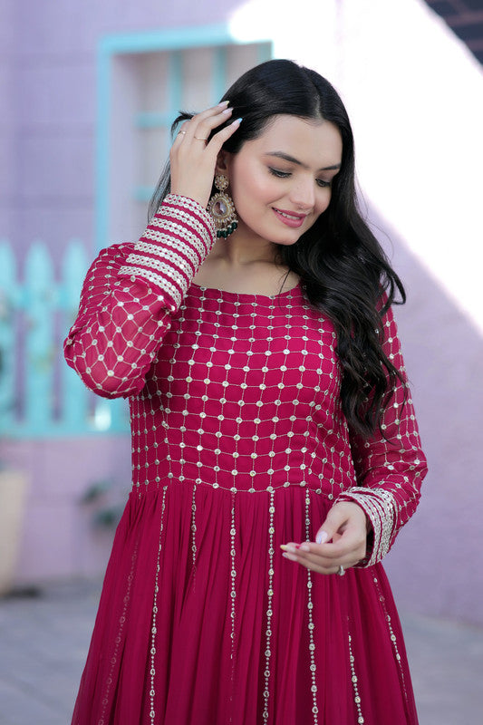 Jyoti Fashion Women's Rani Pink Faux Blooming Sequins with Zari Embroidered Anarkali Dress | Grocsy