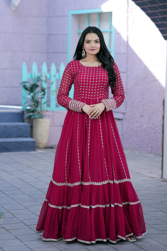 Jyoti Fashion Women's Rani Pink Faux Blooming Sequins with Zari Embroidered Anarkali Dress | Grocsy