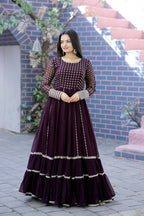 Jyoti Fashion Women's Wine Faux Blooming Sequins with Zari Embroidered Anarkali Dress | Grocsy