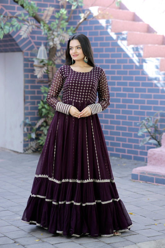 Jyoti Fashion Women's Wine Faux Blooming Sequins with Zari Embroidered Anarkali Dress | Grocsy