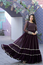 Jyoti Fashion Women's Wine Faux Blooming Sequins with Zari Embroidered Anarkali Dress | Grocsy