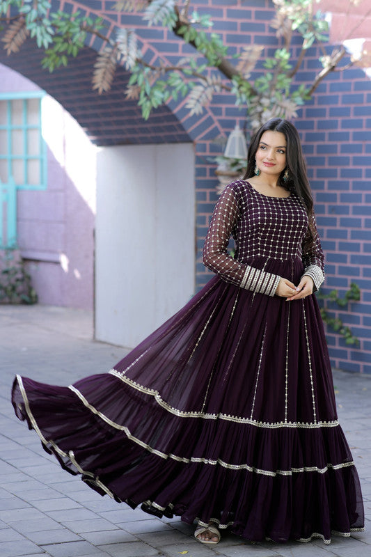 Jyoti Fashion Women's Wine Faux Blooming Sequins with Zari Embroidered Anarkali Dress | Grocsy