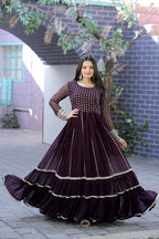 Jyoti Fashion Women's Wine Faux Blooming Sequins with Zari Embroidered Anarkali Dress | Grocsy