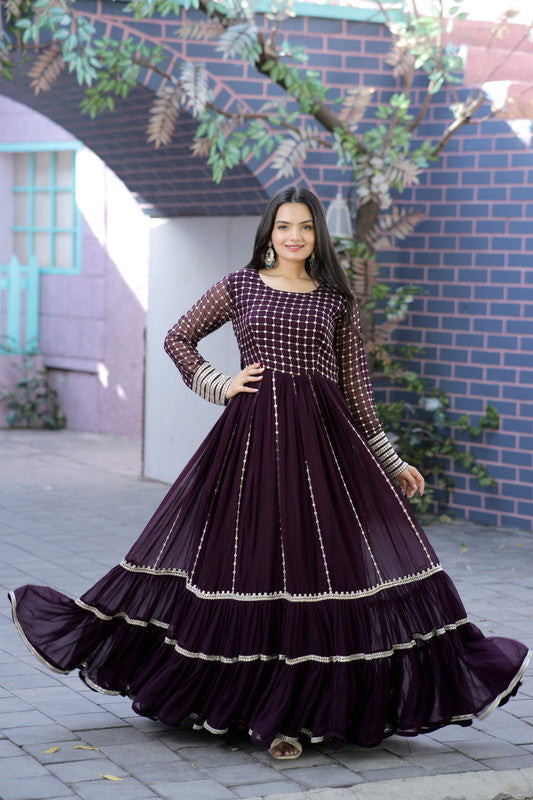 Jyoti Fashion Women's Wine Faux Blooming Sequins with Zari Embroidered Anarkali Dress | Grocsy
