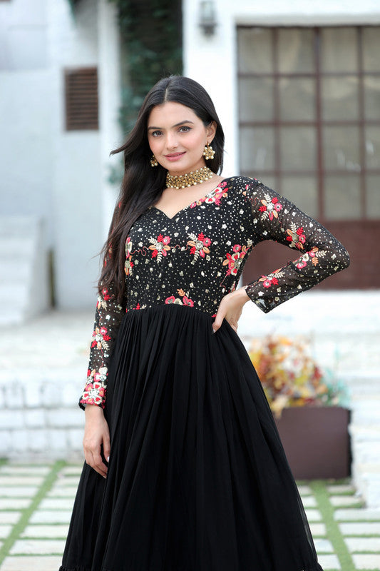 Jyoti Fashion Women's Black Faux Blooming Sequins with Multi Thread Embroidered Anarkali Dress | Grocsy
