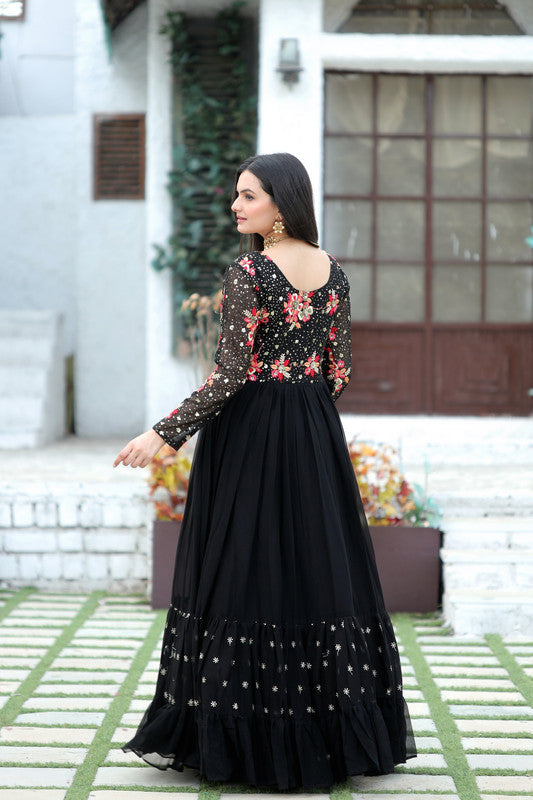 Jyoti Fashion Women's Black Faux Blooming Sequins with Multi Thread Embroidered Anarkali Dress | Grocsy
