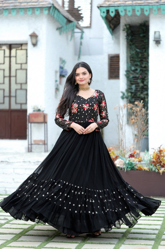 Jyoti Fashion Women's Black Faux Blooming Sequins with Multi Thread Embroidered Anarkali Dress | Grocsy