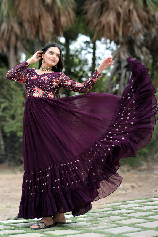 Jyoti Fashion Women's Wine Faux Blooming Sequins with Multi Thread Embroidered Anarkali Dress | Grocsy