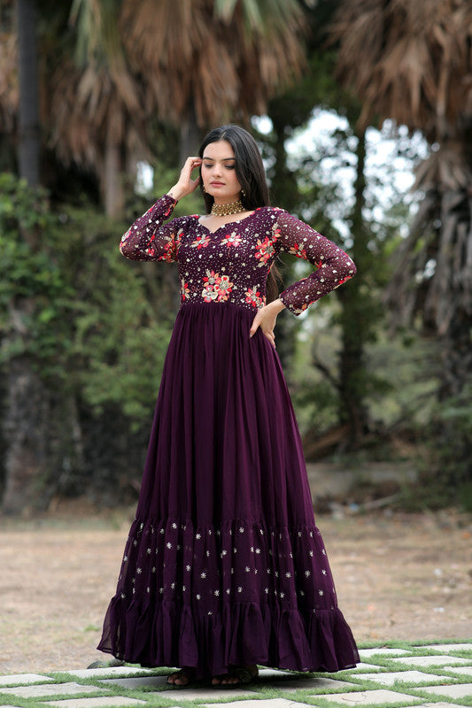 Jyoti Fashion Women's Wine Faux Blooming Sequins with Multi Thread Embroidered Anarkali Dress | Grocsy