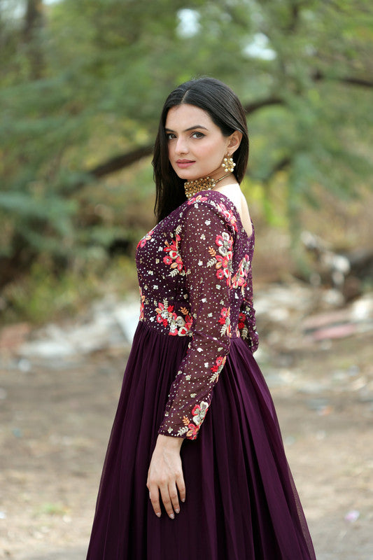 Jyoti Fashion Women's Wine Faux Blooming Sequins with Multi Thread Embroidered Anarkali Dress | Grocsy