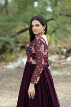 Jyoti Fashion Women's Wine Faux Blooming Sequins with Multi Thread Embroidered Anarkali Dress | Grocsy