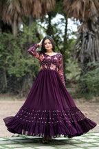 Jyoti Fashion Women's Wine Faux Blooming Sequins with Multi Thread Embroidered Anarkali Dress | Grocsy