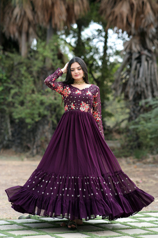 Jyoti Fashion Women's Wine Faux Blooming Sequins with Multi Thread Embroidered Anarkali Dress | Grocsy