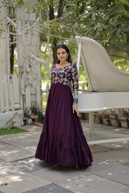Jyoti Fashion Women's Wine Faux Blooming Jacquard with Sequins Embroidered Anarkali Dress | Grocsy