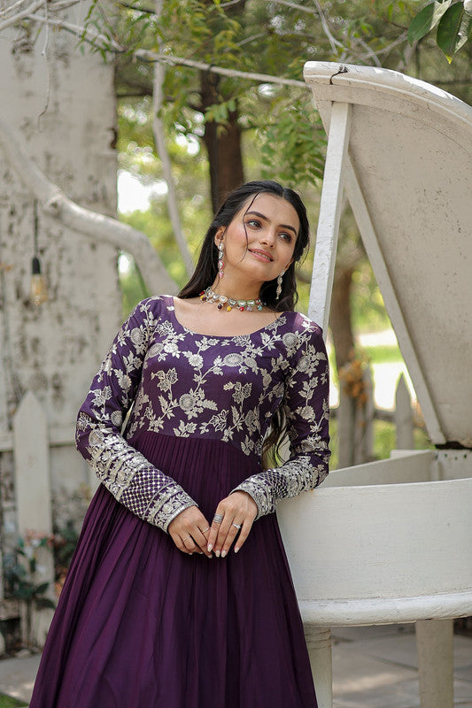 Jyoti Fashion Women's Wine Faux Blooming Jacquard with Sequins Embroidered Anarkali Dress | Grocsy