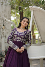 Jyoti Fashion Women's Wine Faux Blooming Jacquard with Sequins Embroidered Anarkali Dress | Grocsy