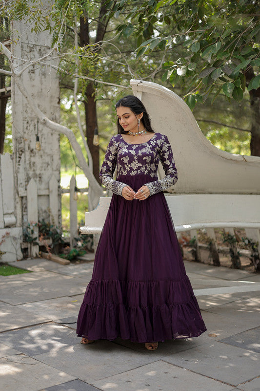 Jyoti Fashion Women's Wine Faux Blooming Jacquard with Sequins Embroidered Anarkali Dress | Grocsy