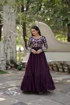 Jyoti Fashion Women's Wine Faux Blooming Jacquard with Sequins Embroidered Anarkali Dress | Grocsy