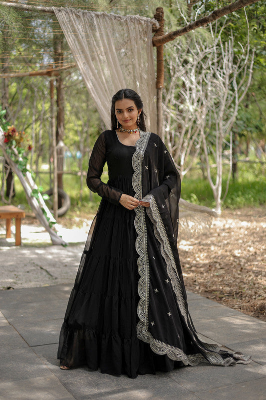 Jyoti Fashion Women's Black Faux Georgette 5 Layer Frill Anarkali Dress with Dupatta | Grocsy