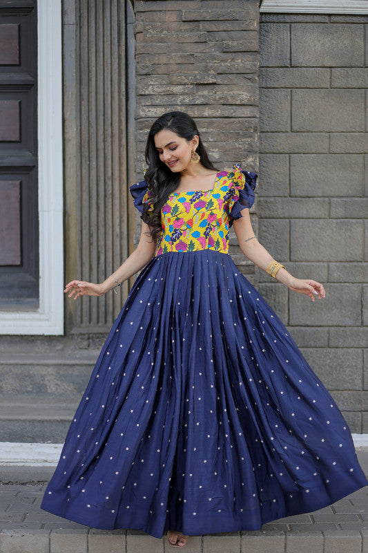 Jyoti Fashion Women's Blue Maslin with Chinon Embroidered Partwear Anarkali Dress | Grocsy