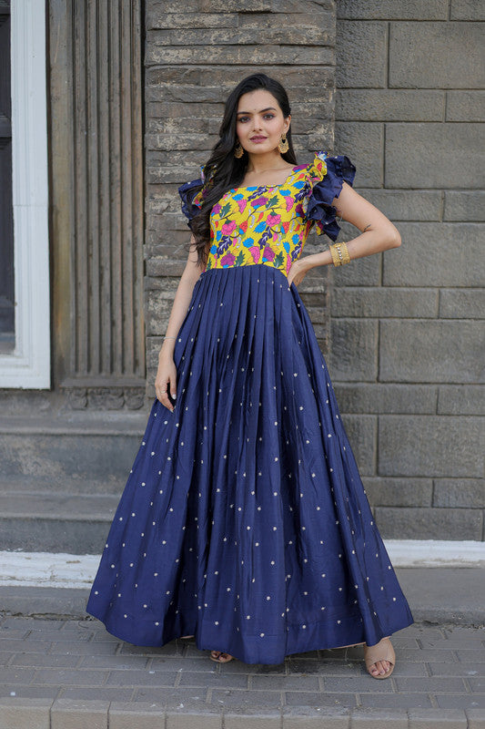 Jyoti Fashion Women's Blue Maslin with Chinon Embroidered Partwear Anarkali Dress | Grocsy