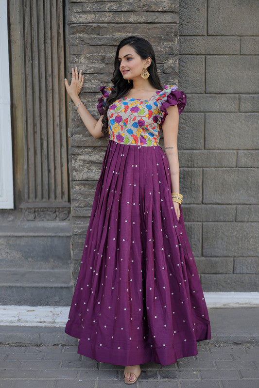 Jyoti Fashion Women's Wine Maslin with Chinon Embroidered Partwear Anarkali Dress | Grocsy