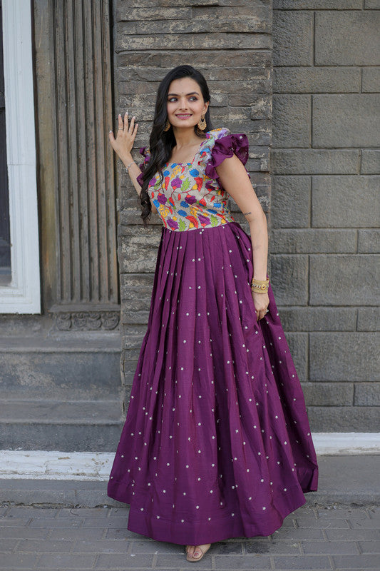 Jyoti Fashion Women's Wine Maslin with Chinon Embroidered Partwear Anarkali Dress | Grocsy
