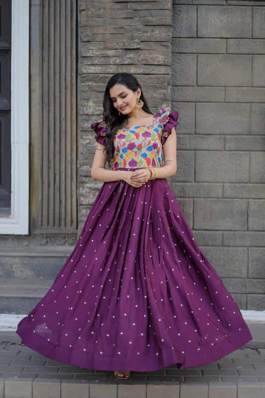 Jyoti Fashion Women's Wine Maslin with Chinon Embroidered Partwear Anarkali Dress | Grocsy