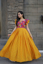Jyoti Fashion Women's Yellow Maslin with Chinon Embroidered Partwear Anarkali Dress | Grocsy