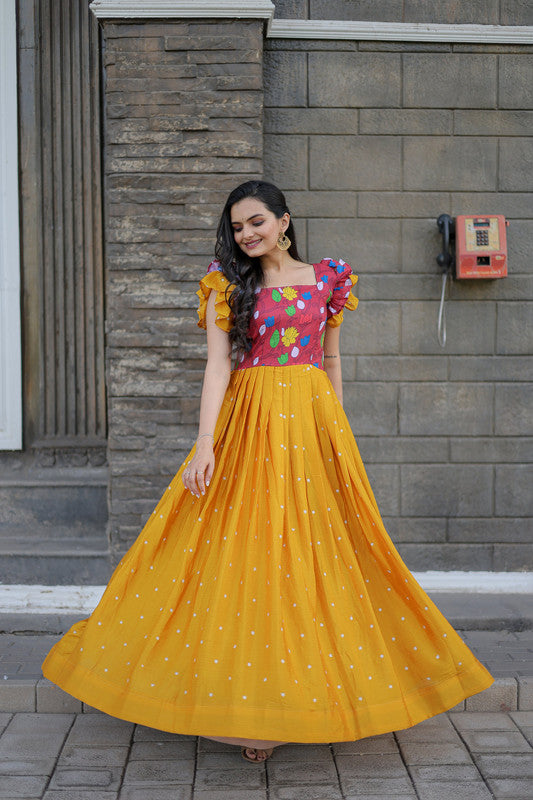 Jyoti Fashion Women's Yellow Maslin with Chinon Embroidered Partwear Anarkali Dress | Grocsy