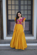 Jyoti Fashion Women's Yellow Maslin with Chinon Embroidered Partwear Anarkali Dress | Grocsy