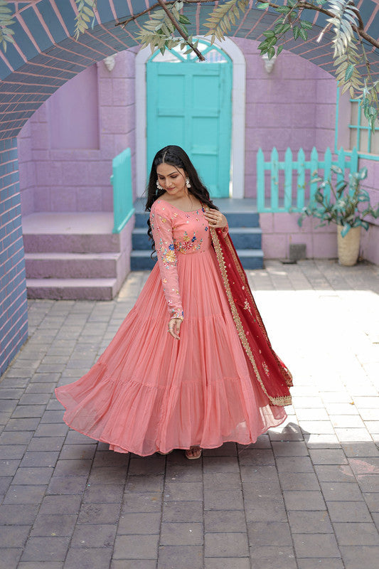 Jyoti Fashion Women's Peach Faux Georgette Thread Embroidery Anarkali Dress with Dupatta | Grocsy